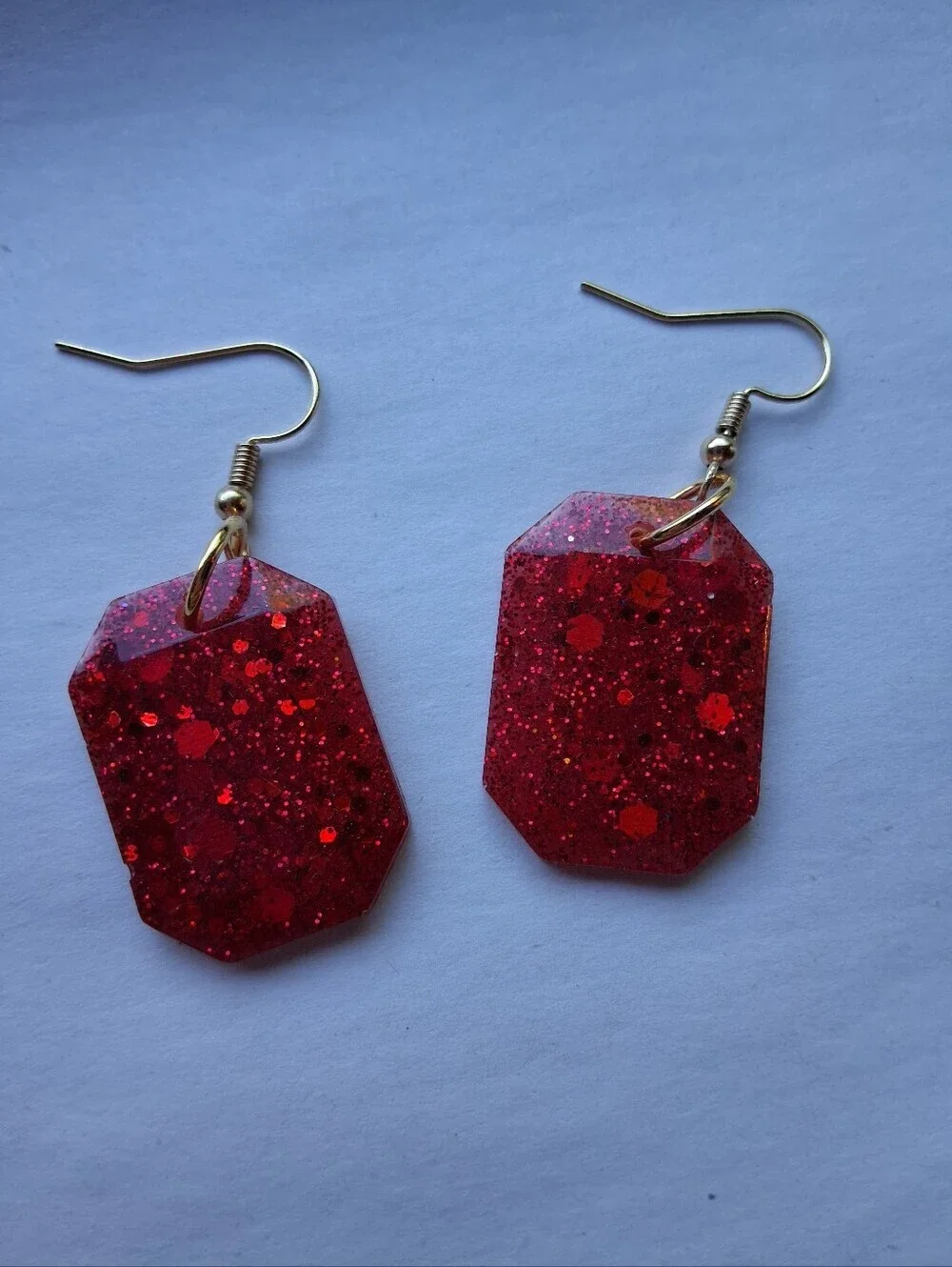 Hand Crafted Red Glitter Resin Dangle Earrings